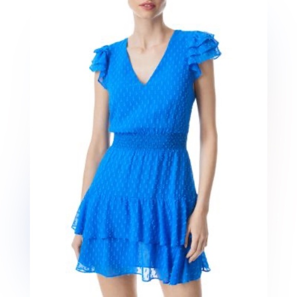 Alice + Olivia Vibrant Blue Mini Dress with Ruffle Sleeves - Picture 1 of 7